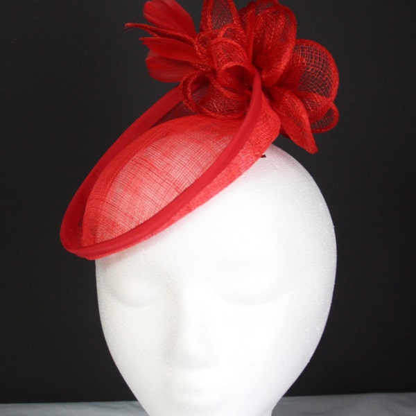 Red Fascinator,  Red Sinamay Straw Cocktail Hat  Fascinator for Bridal Shower, Mother of Bride, Celebrations, Percher Style Fascinator Hat