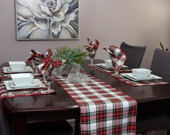 Dress Stewart Tartan Table Runner for Christmas Décor, Red and White Plaid Holiday Mantle Runner, Christmas Table Arrangement