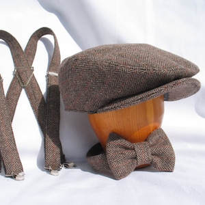 Newsboy Cap Suspenders Bow Tie Set Ring Bearer Ivy Cap One Year Old Birthday Photo Prop Matching Hat Suspenders Bow Tie image 1