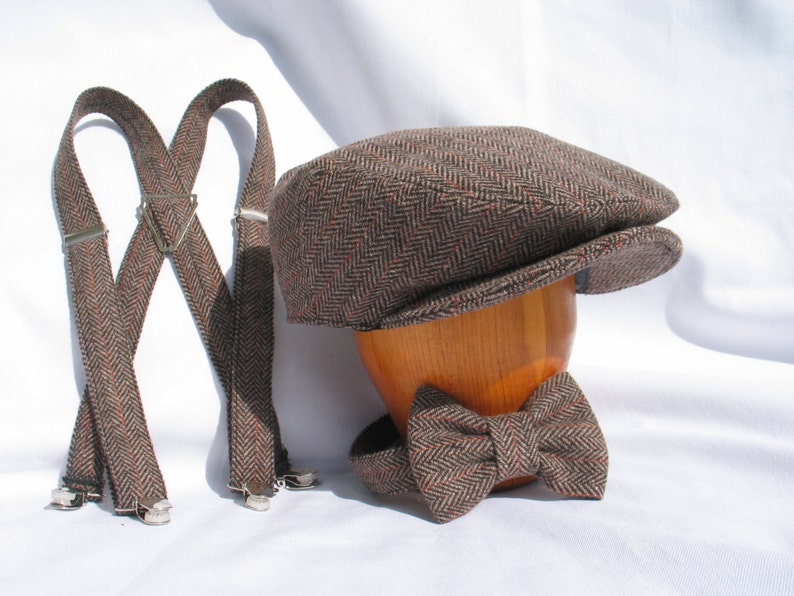 Newsboy Cap Suspenders Bow Tie Set Ring Bearer Ivy Cap One Year Old Birthday Photo Prop Matching Hat Suspenders Bow Tie image 1