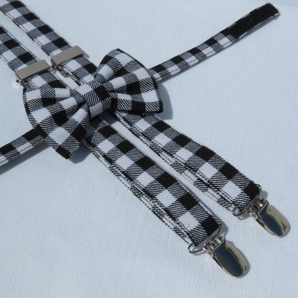 Bow Tie Suspenders In Black and White Check