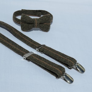 Suspenders Bow Tie In Brown Wool Herringbone