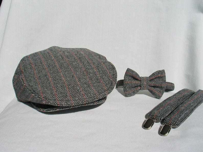 Wool Herringbone Flat Cap Suspender Bow Tie Set Black White Etsy