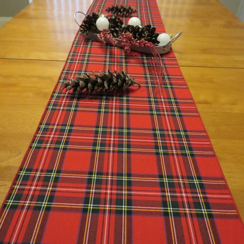 Chemin de table Royal Stewart tartan pour décoration de Noël, dessus de manteau de cheminée à carreaux rouge, chemin de table à carreaux des fêtes, table de Noël