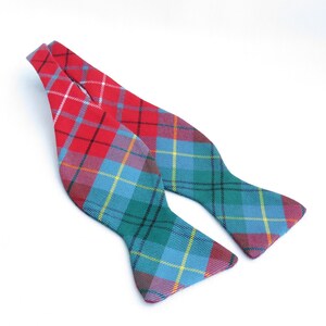 Tie, British Columbia Tartan Freestyle Bow Tie A Red and Teal Self Tie for BC Weddings