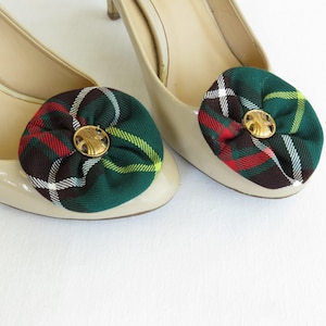 Pinces à chaussures tartan terre-neuve, fleur de chaussure écossaise verte, accessoires de chaussures de mariage, décoration de chaussures à carreaux écossais pour femme d'affaires, pince à chaussures habillée