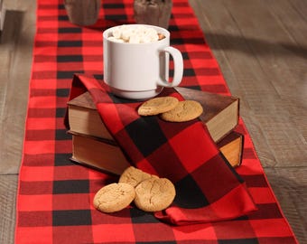 Red and Black Buffalo Check Table Runner for Christmas, Black Red Buffalo Plaid Lumberjack Table Topper, Cottagecore Christmas Mantle Decor