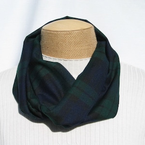 Black Watch Tartan Infinity Scarf, Navy Green Plaid Poly Viscose