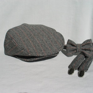 Wool Herringbone Flat Cap Suspender Bow Tie Set, Black White Herringbone Braces Tie Hat, One Year Old Birthday Herringbone Suspender Bow Tie