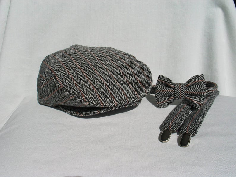 Wool Herringbone Flat Cap Suspender Bow Tie Set Black White Etsy
