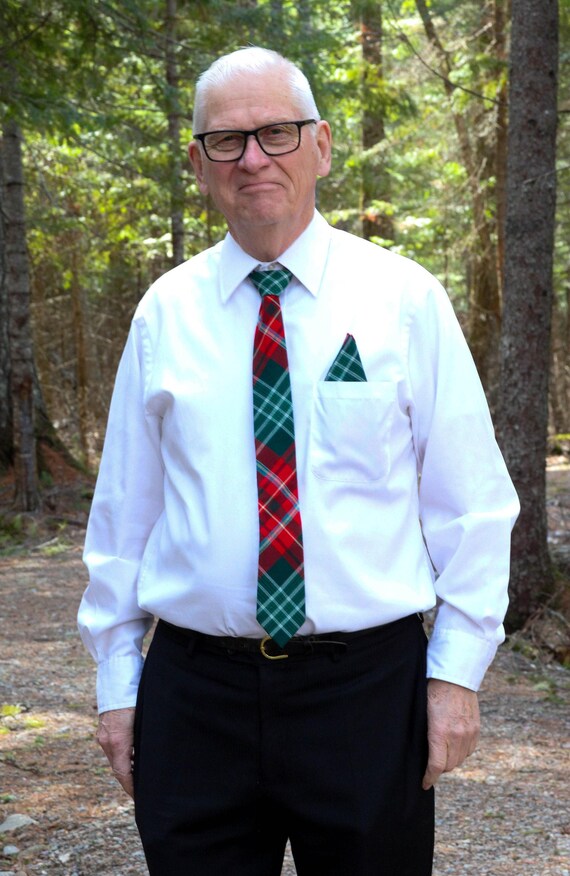New Brunswick Tartan Necktie, Red Green Plaid Poly Viscose Tie