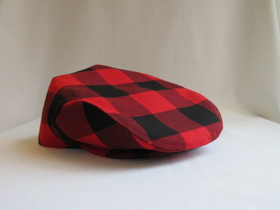 Red and Black Buffalo Check Flat Cap in 
