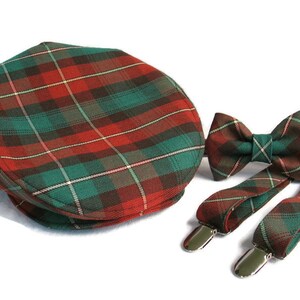 Prince Edward Island Tartan Flat Cap, Bow Tie and Suspenders Set In PEI Tartan