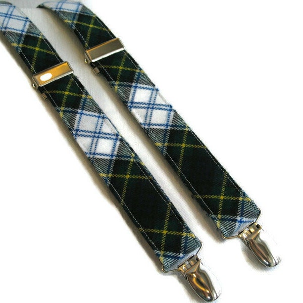 Suspenders, Dress Gordon Tartan Suspenders In Green and White Plaid For Gordon School Uniform