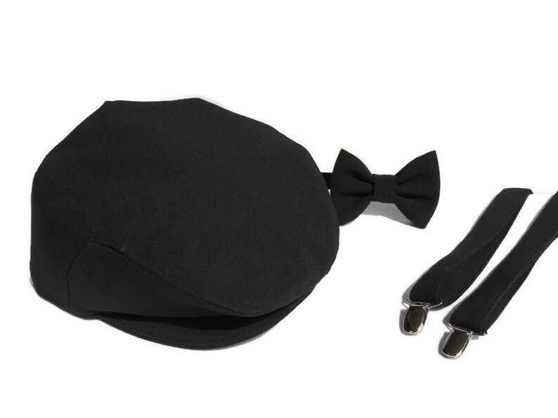 Black Newsboy Ring Bearer Black Hat Flat Cap Bow Tie Etsy