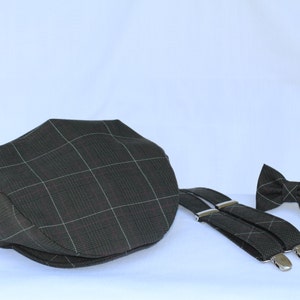 Green Plaid Braces, Mans Flat Cap, Mans Bow Tie, Wedding Braces, Wedding Bow Tie, Wedding Accessories, Toddler Photo Prop Hat, Youth Tie