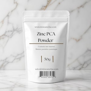 May include: A white stand-up pouch containing Zinc PCA Powder. The label displays the website www.skincareclue.com, the text Cosmetic raw material, a weight of 50g, the email sales@skincareclue.com, and a barcode with the number 7 81920 38475 2.
