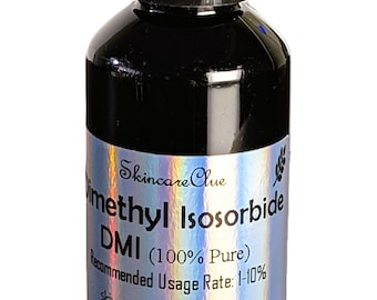 May include: A black bottle with a black cap, labelled "Skincare Clue Methyl Isosorbide DMI (100% Pure)". The label is silver with blue and purple hues. The recommended usage rate is 1-10%. The email address skincareClue@yahoo.com is also on the label.