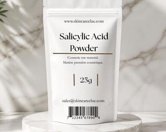 May include: A white stand-up pouch containing Salicylic Acid Powder, labeled as a cosmetic raw material with a net weight of 25g. The packaging features the website www.skincareclue.com, an email address, and a barcode at the bottom.