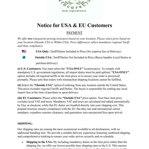 May include: A white informational document titled Notice for USA & EU Customers from Skincare Clue Raw Ingredients. The text outlines payment structures, tariff and duty compliance for USA and international orders, and shipping policy details.