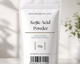 May include: A white stand-up pouch containing Kojic Acid Powder. The label displays the text www.skincareclue.com, Kojic Acid Powder, Cosmetic raw material, 25g, sales@skincareclue.com, and a barcode with the number 5 098765 432100.
