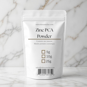 May include: A white stand-up pouch containing Zinc PCA Powder. The label features the text www.skincareclue.com, Zinc PCA Powder, Cosmetic raw material, and checkboxes for 5g, 10g, and 25g. The bottom includes an email address and a barcode.