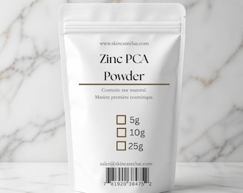 May include: A white stand-up pouch containing Zinc PCA Powder. The label features the text www.skincareclue.com, Zinc PCA Powder, Cosmetic raw material, and checkboxes for 5g, 10g, and 25g. The bottom includes an email address and a barcode.