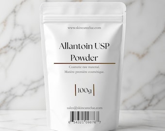 May include: A white stand-up pouch containing Allantoin USP Powder, a cosmetic raw material. The label displays the text www.skincareclue.com, Allantoin USP Powder, Cosmetic raw material, 100g, sales@skincareclue.com, and a barcode.