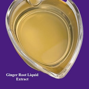 Op de afbeelding: Een heldere glazen maatbeker gevuld met een goudgele vloeistof, met het label "Ginger Root Liquid Extract" op een paarse achtergrond. De beker heeft een handvat en een schenktuit, en de vloeistof lijkt viskeus.
