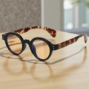 Puede incluir: Gafas redondas negras con patillas carey. Las lentes tienen un tinte naranja claro. Las gafas están sobre una superficie de madera clara. Un accesorio de moda.