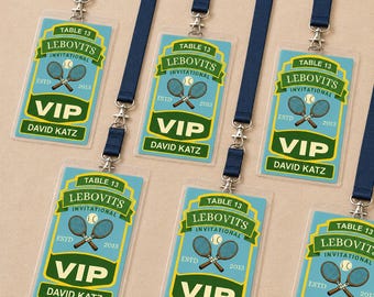 May include: Six rectangular VIP badges with dark blue lanyards. Each badge features a light blue background, a green banner with the text LEBOVITS INVITATIONAL, TABLE 13, ESTD 2013, VIP, and DAVID KATZ, plus a graphic of two crossed tennis rackets and a ball.