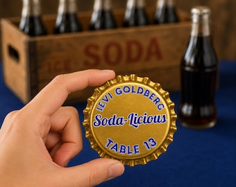 Gold Bottle Cap Escort Card, Sweet Shop Party Decor, Editable Bottlecap Place Card, Soda Pop Theme, Candy Buffet Mitzvah