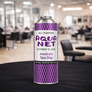 Etichetta retrò per lacca per capelli Aqua Net, bomboniera anni '80, decorazione per salone modificabile (download digitale)