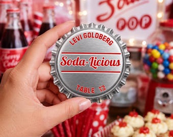 Bottle Cap Escort Card, Table Decor, Candy Soda Party Decor, Editable Bottlecap Place Card, Sweet Shop Theme, Soda Shop, Soda Pop Mitzvah