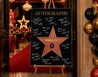 Hollywood Star Sign-In Board, Red Carpet Party Guest Book Poster, Movie Theme Birthday, Mitzvah Decor, Editable Canva Template