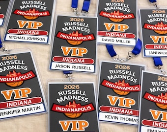 May include: A collection of rectangular VIP event badges with blue lanyards. Each badge features the text 2026 RUSSELL MADNESS INDIANAPOLIS, a basketball graphic, the word VIP, and the location INDIANA, with individual names printed at the bottom.