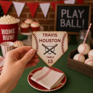 Könnte beinhalten: Tischdekoration zum Thema Baseball mit einer Baseball-förmigen Tischnummer. Die Tischnummer ist beige mit roten Nähten, dem Namen "Travis Houston", gekreuzten Schlägern und "Tisch 13". Weitere Artikel sind Basebälle, Cupcakes und Popcorn.