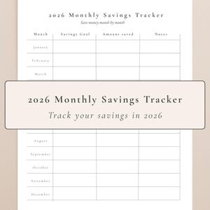 Może przedstawiać: Biały miesięczny tracker oszczędności 2026 z beżową obwódką. Tracker zawiera sekcje dla miesiąca, celu oszczędności, zaoszczędzonej kwoty i notatek. Tekst "Save money month by month" znajduje się powyżej.