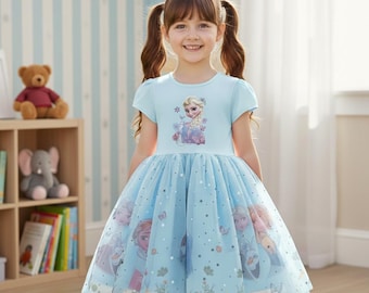 Elsa Princess Girls Dress – Cute Cartoon Summer Party Dress for Toddler & Kids 3–9Y – Short Sleeve Frozen Inspired Outfit