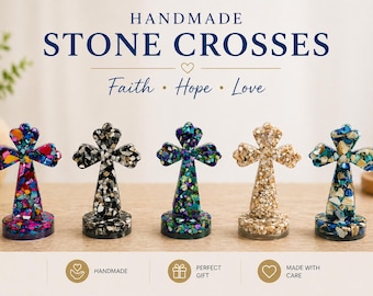 Handmade resin cross with unique design. Perfect for gifts, memorials, or décor. Each piece is one-of-a-kind and made with care.