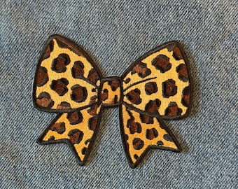 Cheetah Bow Iron On Patch Embroidered Sew On Animal Print Applique Jacket Hat