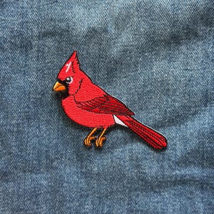 May include: A red cardinal bird embroidered patch featuring a bright red body, a black mask around the eyes, an orange beak, and orange feet. The bird is depicted in profile facing left with detailed stitching throughout the wings and tail feathers.
