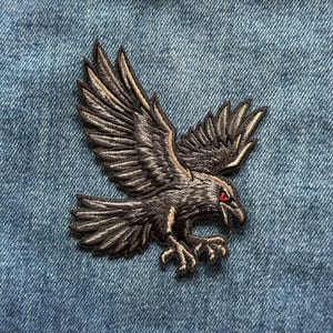 May include: An embroidered patch featuring a black raven in flight with its wings spread wide. The bird has detailed dark grey and black plumage, sharp talons extended forward, and a single piercing red eye visible on its profile head.