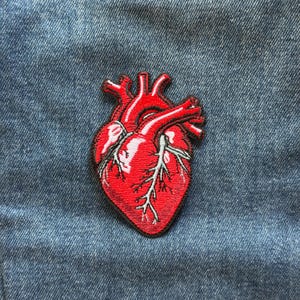 May include: An embroidered patch featuring a detailed anatomical human heart in vibrant shades of red, with white highlights and dark outlines, showcasing the major arteries and veins, set against a textured blue denim fabric background.