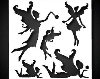Fairies Reusable Stencil (5x5 - 11x11 inch) - Walls, Fantasy Woodland Kids Room DIY Decor Template