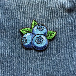 May include: An embroidered patch featuring three round blueberries in shades of light and dark blue with white highlights, accented by three bright green leaves with dark green stitching details, all outlined in a dark brown thread border.