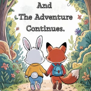 May include: A children's illustration depicts a rabbit and a fox walking hand-in-hand on a path through a forest. The rabbit wears a yellow jacket and blue pants, while the fox has a red shirt and a blue backpack. Text reads, "And The Adventure Continues."