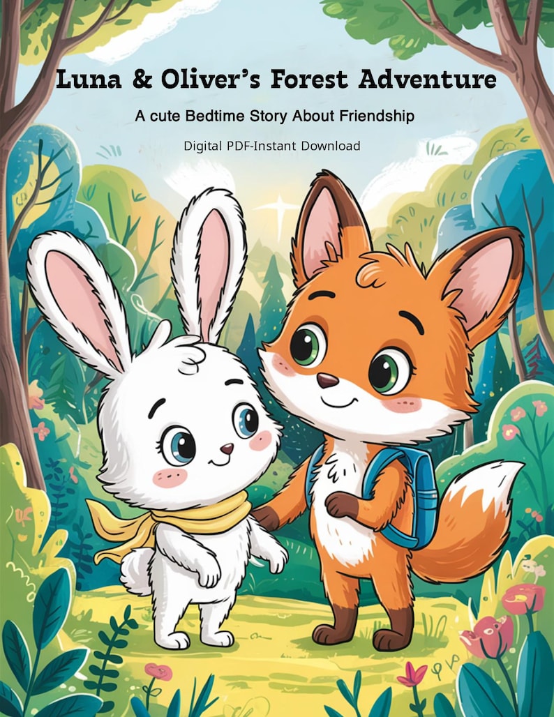 May include: A children's book cover featuring a white rabbit and an orange fox in a forest setting. The rabbit wears a yellow scarf, and the fox has a blue backpack. The title reads "Luna & Oliver's Forest Adventure" with the subtitle "A cute Bedtime Story About Friendship."
