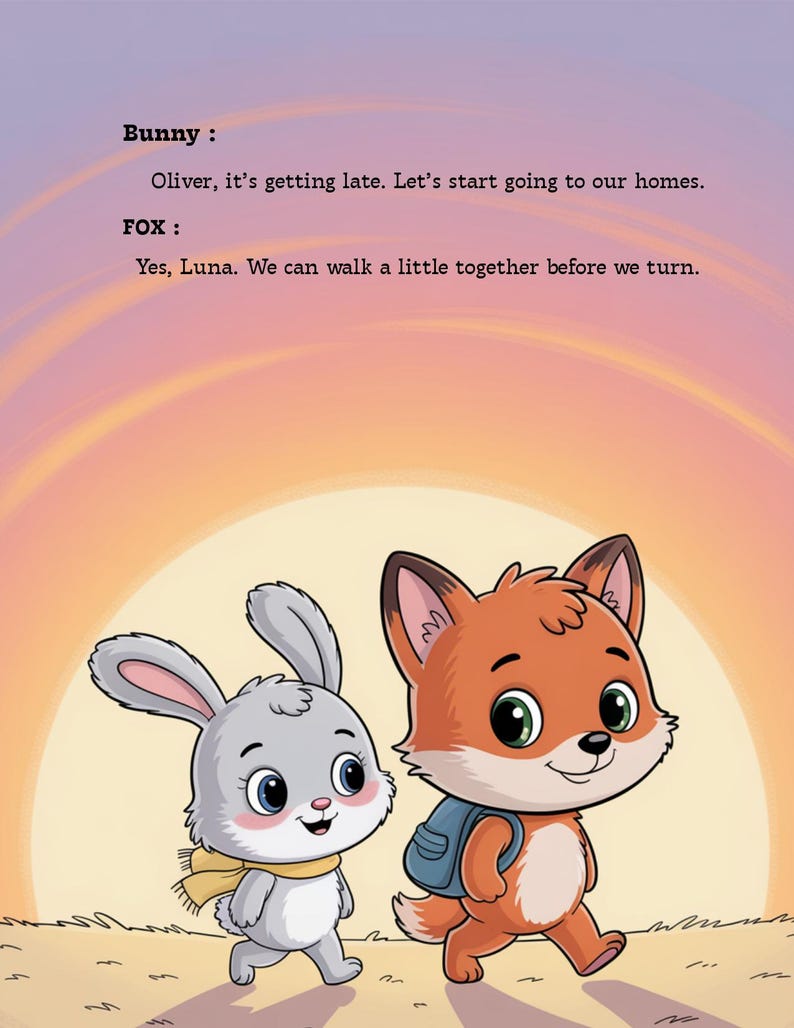 May include: A children's book illustration featuring a gray bunny and an orange fox walking together at sunset. The bunny wears a yellow scarf, and the fox has a blue backpack. Text includes dialogue between the characters: "Oliver, it's getting late. Let's start going to our homes."