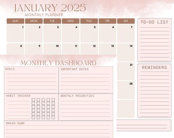 Maandplannersjabloon | Bewerkbare canvaskalender | A4, Letter, A5, US Letter | Roze aquarel | Afdrukbare planner